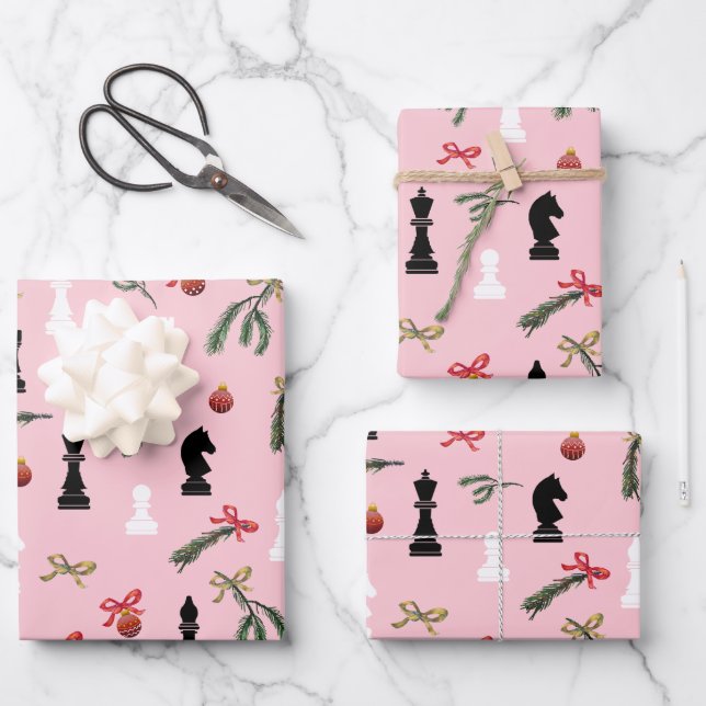 Christmas Chess Pieces Game Pattern Pink Wrapping Paper Sheet (Front)