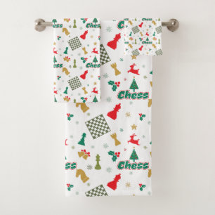 Christmas Chess - Pieces, Tree, Holly, Reindeer Bath Towel Set