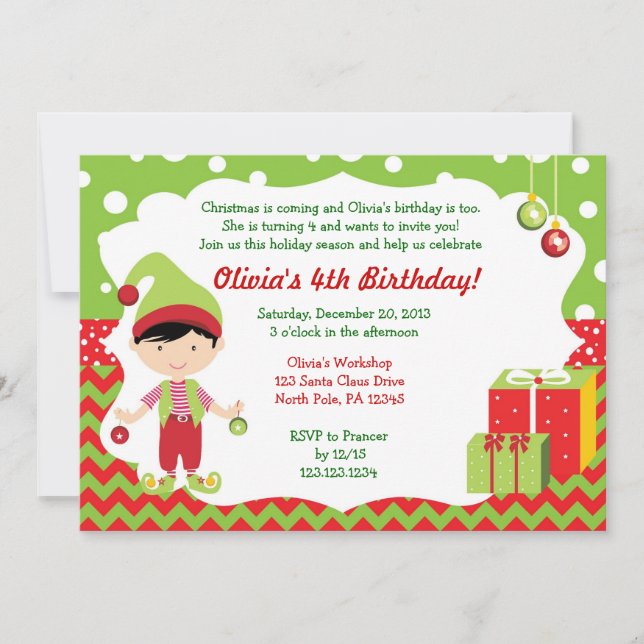 Christmas Chevron Boy Elf Birthday Invitation (Front)