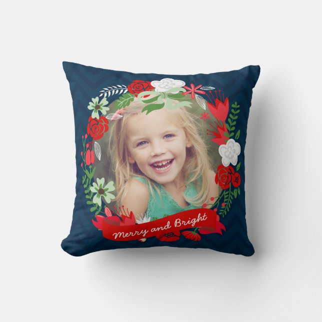 Christmas Chevron Floral Wreath Photo Personalised Cushion (Front)
