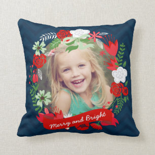Christmas Chevron Floral Wreath Photo Personalised Cushion