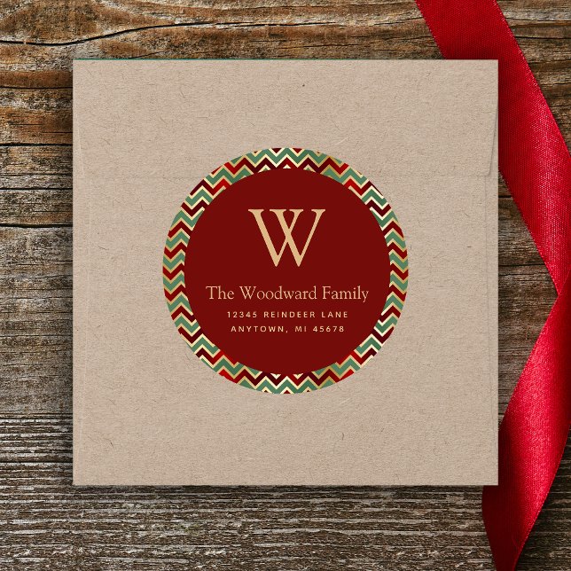 Christmas Chevron Pattern Red Green Gold Address Classic Round Sticker (Creator Uploaded)