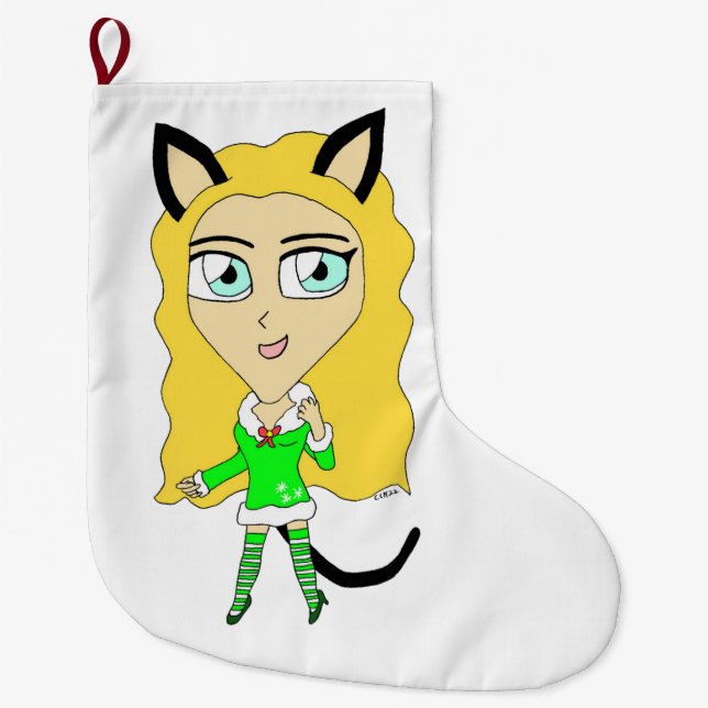 Christmas chibi   catgirl large christmas stocking (Front)