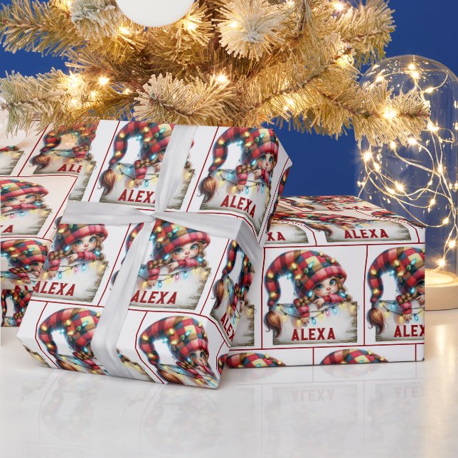 Christmas Chibi Gnome With Custom Name Wrapping Paper (Holidays)