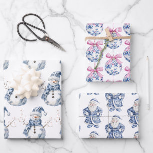 Christmas Chic Blue White Snowman Wrapping Paper Sheet