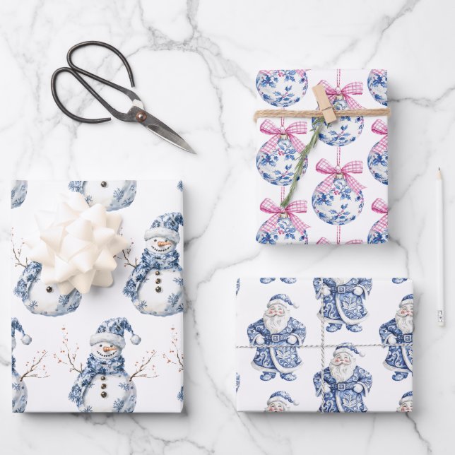 Christmas Chic Blue White Snowman Wrapping Paper Sheet (Front)
