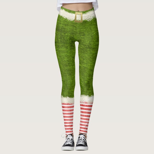 Christmas Chic Elf Costume Green Holiday Fun Leggings (Front)