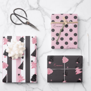 Christmas Chic Pink Grey modern Custom Name Wrapping Paper Sheet