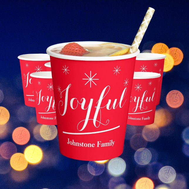 Christmas Chic Script Joyful Name Stylish Cool Red Paper Cups (Spice up your holiday festivities with these cheerful bright red paper cups.)