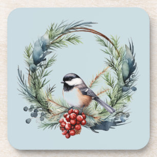 Christmas Chickadee Bird in Wreath Art Coaster