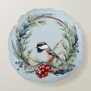 Christmas Chickadee Bird in Wreath Art Round Cushion