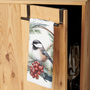 Christmas Chickadee Bird in Wreath Art Tea Towel