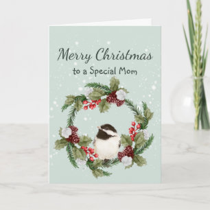Christmas Chickadee Bird Watercolor Mother Card