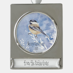 Christmas Chickadee Bird Winter  Custom Dated   Silver Plated Banner Ornament