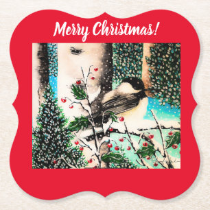 Christmas Chickadee Chatter Red Paper Coaster