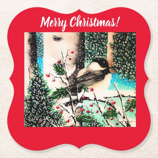 Christmas Chickadee Chatter Red Paper Coaster (Front)