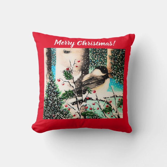 Christmas Chickadee Chatter Red Pillow (Front)