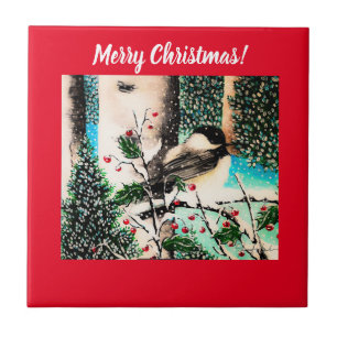 Christmas Chickadee Chatter Red Tile