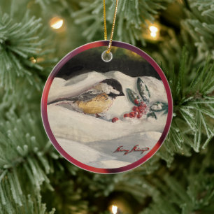 Christmas Chickadee with Mistletoe & Winter Snow 2 Ceramic Tree Decoration