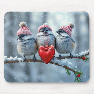 Christmas Chickadees With Red Heart Mouse Mat