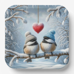 Christmas Chickadees With Red Heart Paper Plate