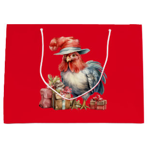 Christmas Chicken in Glasses/Hat & Presents Red Large Gift Bag