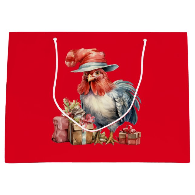 Christmas Chicken in Glasses/Hat & Presents Red Large Gift Bag (Front)