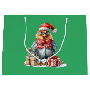 Christmas Chicken in Glasses & Presents Green Large Gift Bag
