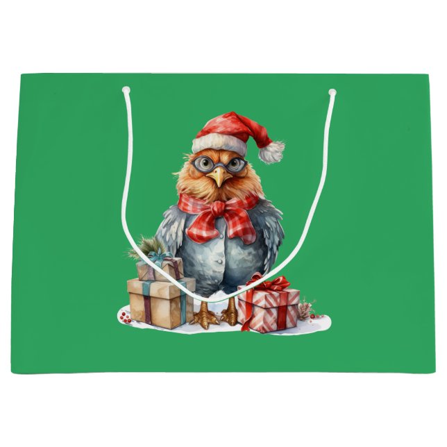 Christmas Chicken in Glasses & Presents Green Large Gift Bag (Front)