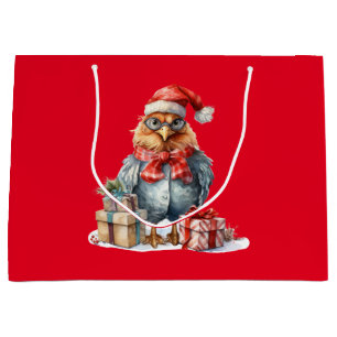Christmas Chicken in Glasses & Presents Red Large Gift Bag