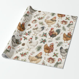 Christmas Chicken Pattern Watercolor Holiday Hens Wrapping Paper