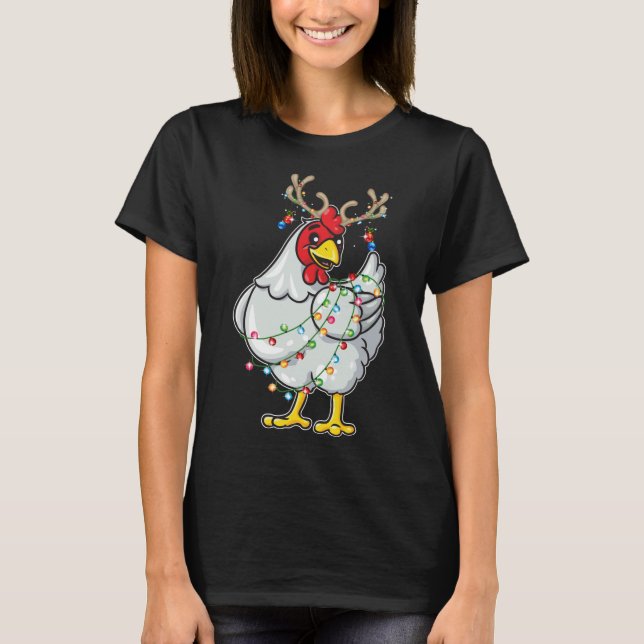 Christmas Chicken Reindeer Antlers Lights Pajama F T-Shirt (Front)