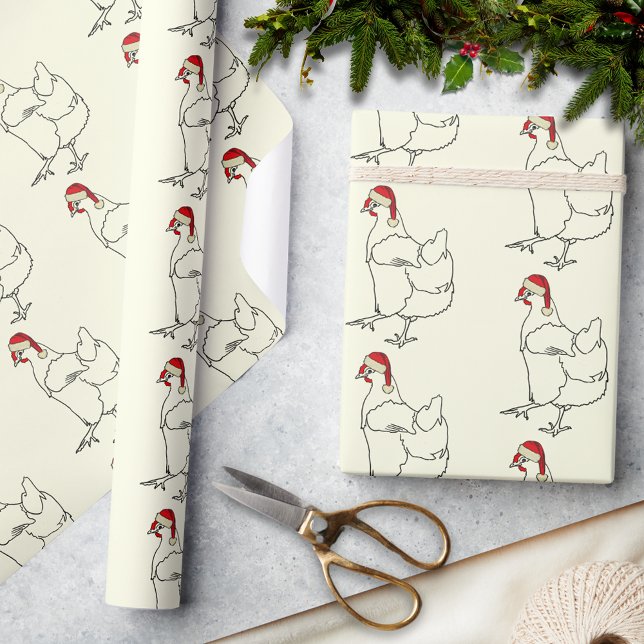 Christmas Chicken wearing Santa hat pattern Wrapping Paper (Christmas chicken wearing a Santa hat pattern holiday wrapping paper simple farm chicken drawing art)
