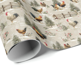 Christmas Chickens and Roosters Farmyard Winter  Wrapping Paper