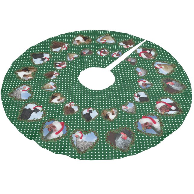Christmas Chickens in Heart Wreaths Brushed Polyester Tree Skirt (Angled)