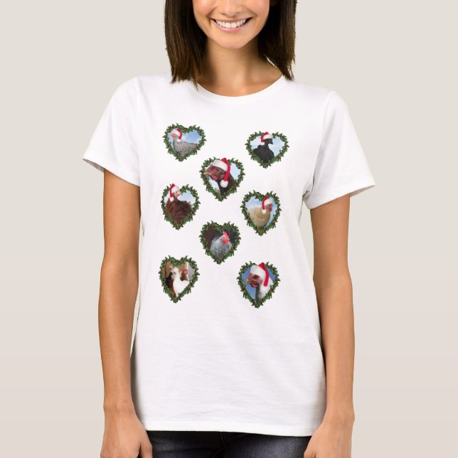 Christmas Chickens in Heart Wreaths T-Shirt (Front)