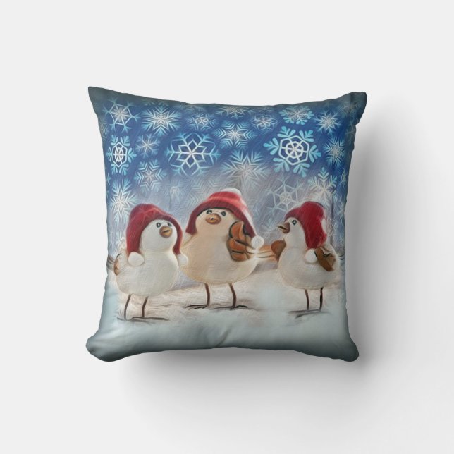 Christmas Chickens Snow Watercolor Cushion (Front)