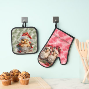 Christmas Chicks Dressed In Red  Oven Mitt & Pot Holder Set