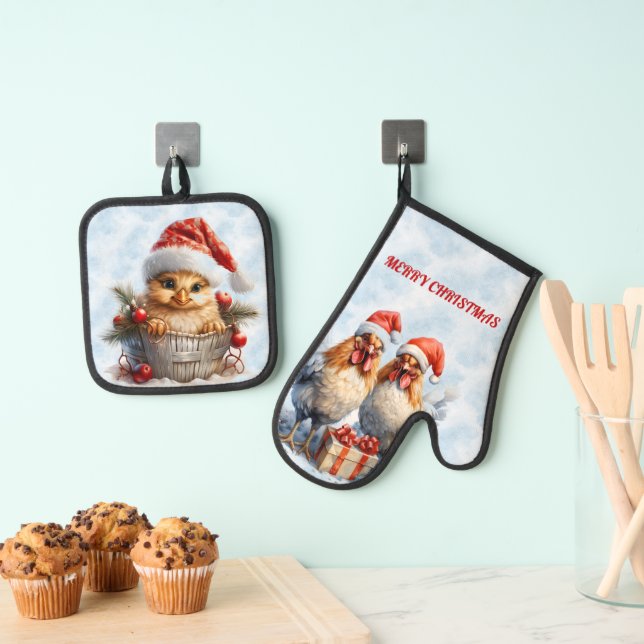 Christmas Chicks Dressed In Red Oven Mitt & Pot Holder Set (Insitu(Hanging))