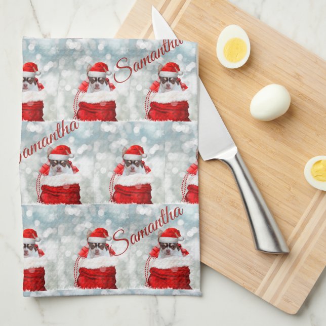 Christmas chihuahua dog personalised kitchen towel (Quarter Fold)