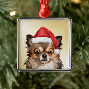 Christmas Chihuahua puppy with Santa hat Metal Tree Decoration