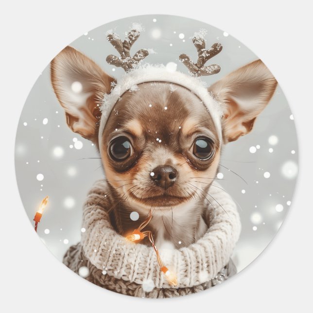 Christmas Chihuahua Reindeer Dog Classic Round Sticker (Front)