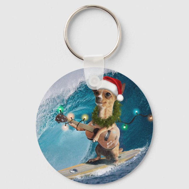 Christmas Chihuahua Surfing Key Ring (Front)