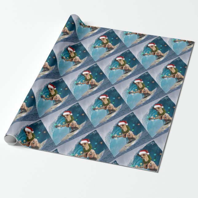 Christmas Chihuahua Surfing Wrapping Paper (Unrolled)
