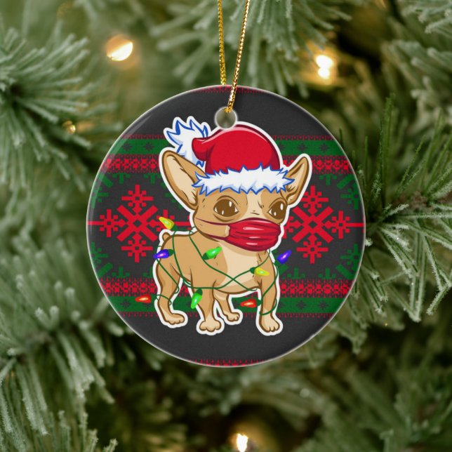Christmas chihuahua wearing a medical mask ceramic tree decoration (Tree)