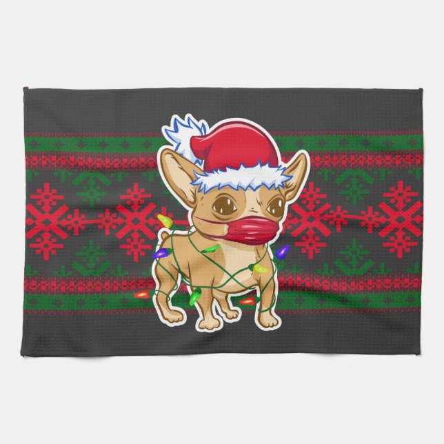 Christmas chihuahua wearing a medical mask tea towel (Horizontal)