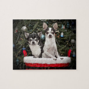 Christmas Chihuahua's in a red basket Jigsaw Puzzle