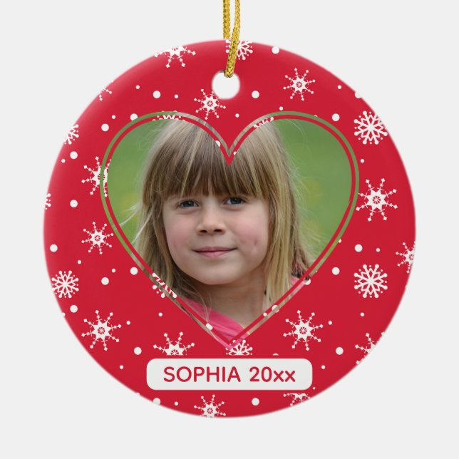 Christmas Child Photo Cute Red Snowflake Ceramic Tree Decoration (Front)