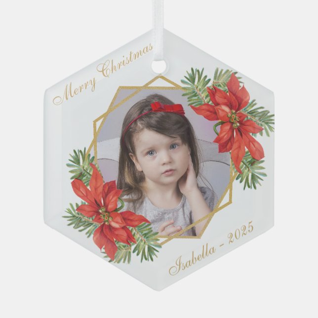 Christmas Child Photo Poinsettia Pine Gold Script Glass Tree Decoration (Front)