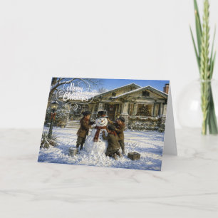 Christmas Children building a snowman Holiday Card